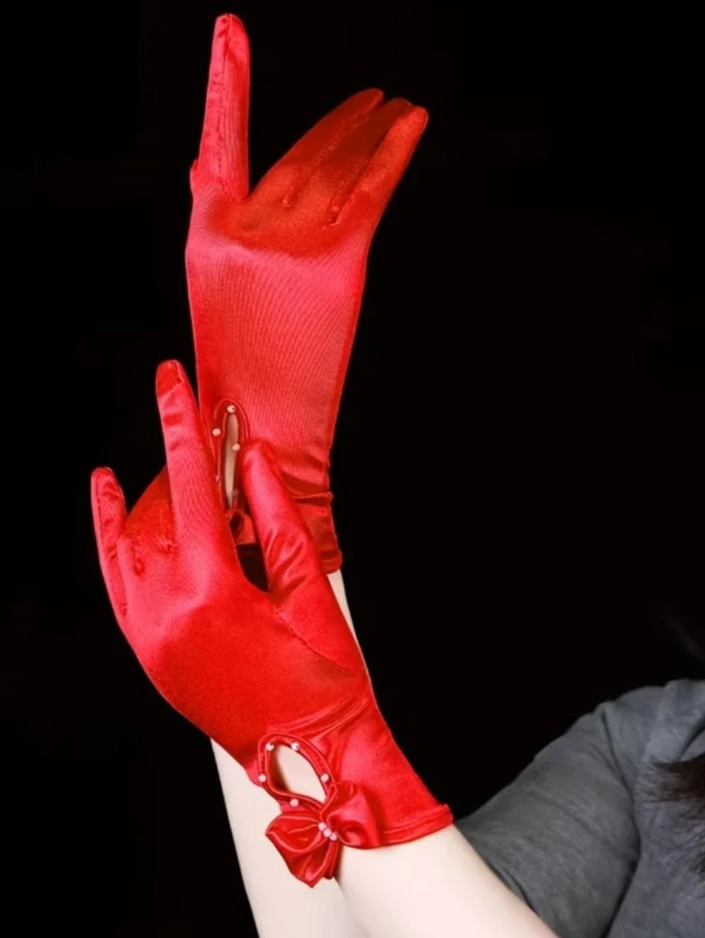 Elegant Red Satin Short Wrist Length Evening Gloves W/Bow & Faux Pearl Detail